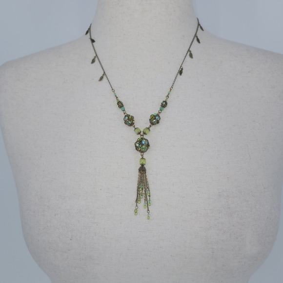 Michal Negrin Green Crystal Tassel Necklace Bronze Tone 25" Boho Romantic Leaf - Picture 2 of 10